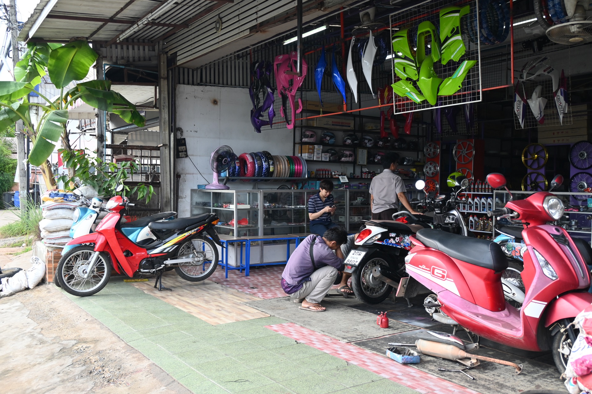 A white scooter, a red motorbike and a green outdoor bike in the studio