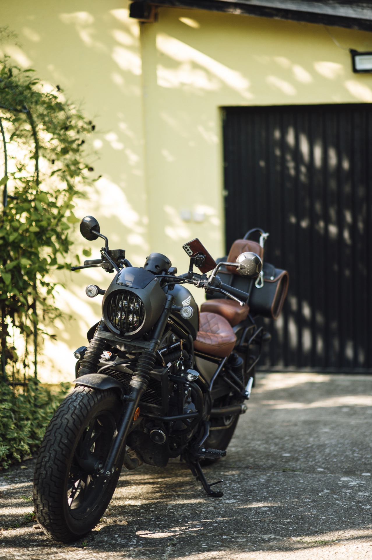 Black motorbike on a city street